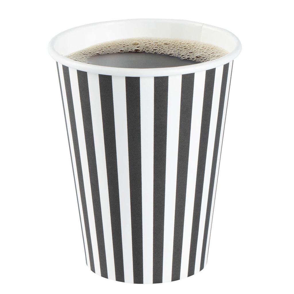 Restpresso 12 oz Black and White Stripe Paper Single Wall Coffee Cup - with Black Lid - 3 1/2"x 3 1/2"x 4 1/4" - 400 count box
