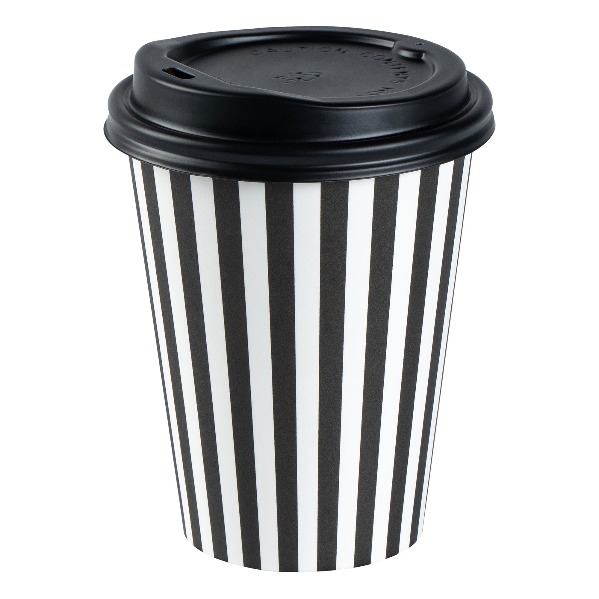 Restpresso 12 oz Black and White Stripe Paper Single Wall Coffee Cup - with Black Lid - 3 1/2"x 3 1/2"x 4 1/4" - 400 count box