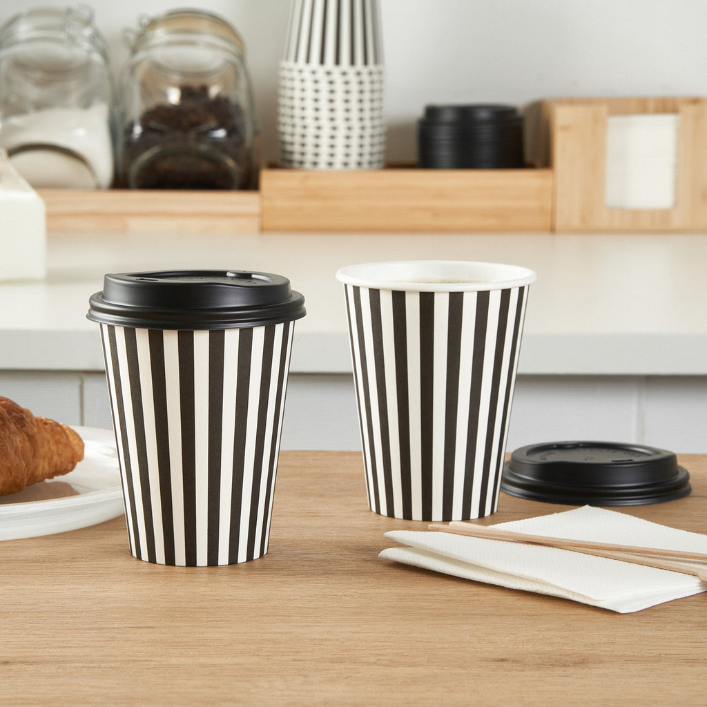 Restpresso 12 oz Black and White Stripe Paper Single Wall Coffee Cup - with Black Lid - 3 1/2"x 3 1/2"x 4 1/4" - 400 count box