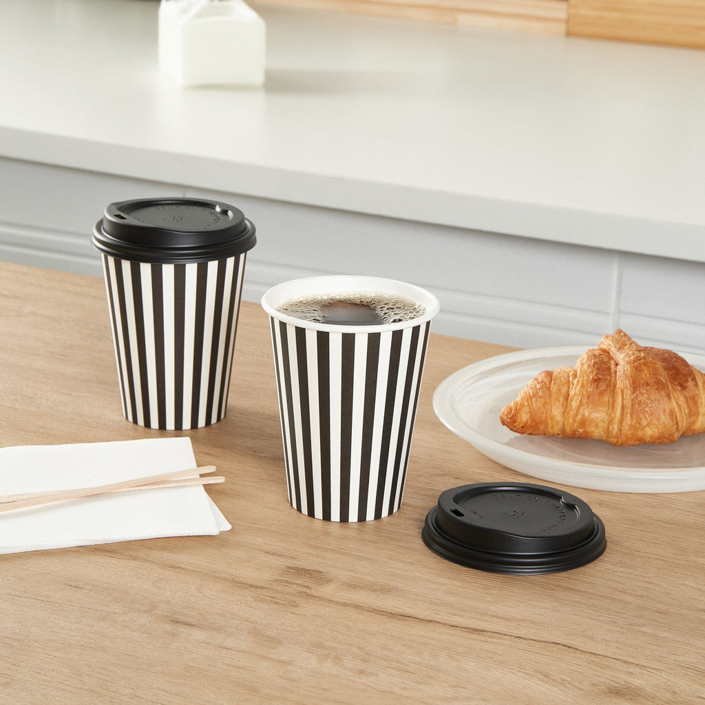 Restpresso 12 oz Black and White Stripe Paper Single Wall Coffee Cup - with Black Lid - 3 1/2"x 3 1/2"x 4 1/4" - 400 count box