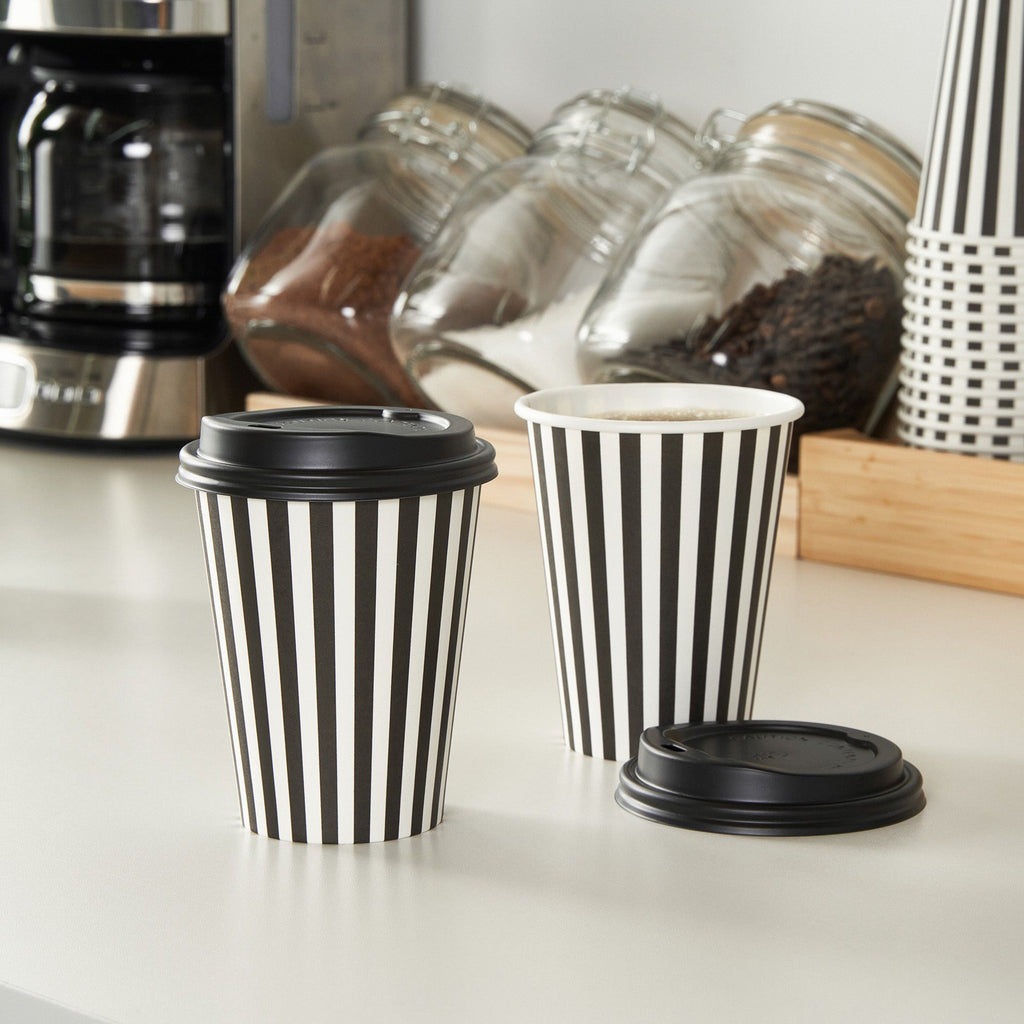Restpresso 12 oz Black and White Stripe Paper Single Wall Coffee Cup - with Black Lid - 3 1/2"x 3 1/2"x 4 1/4" - 400 count box
