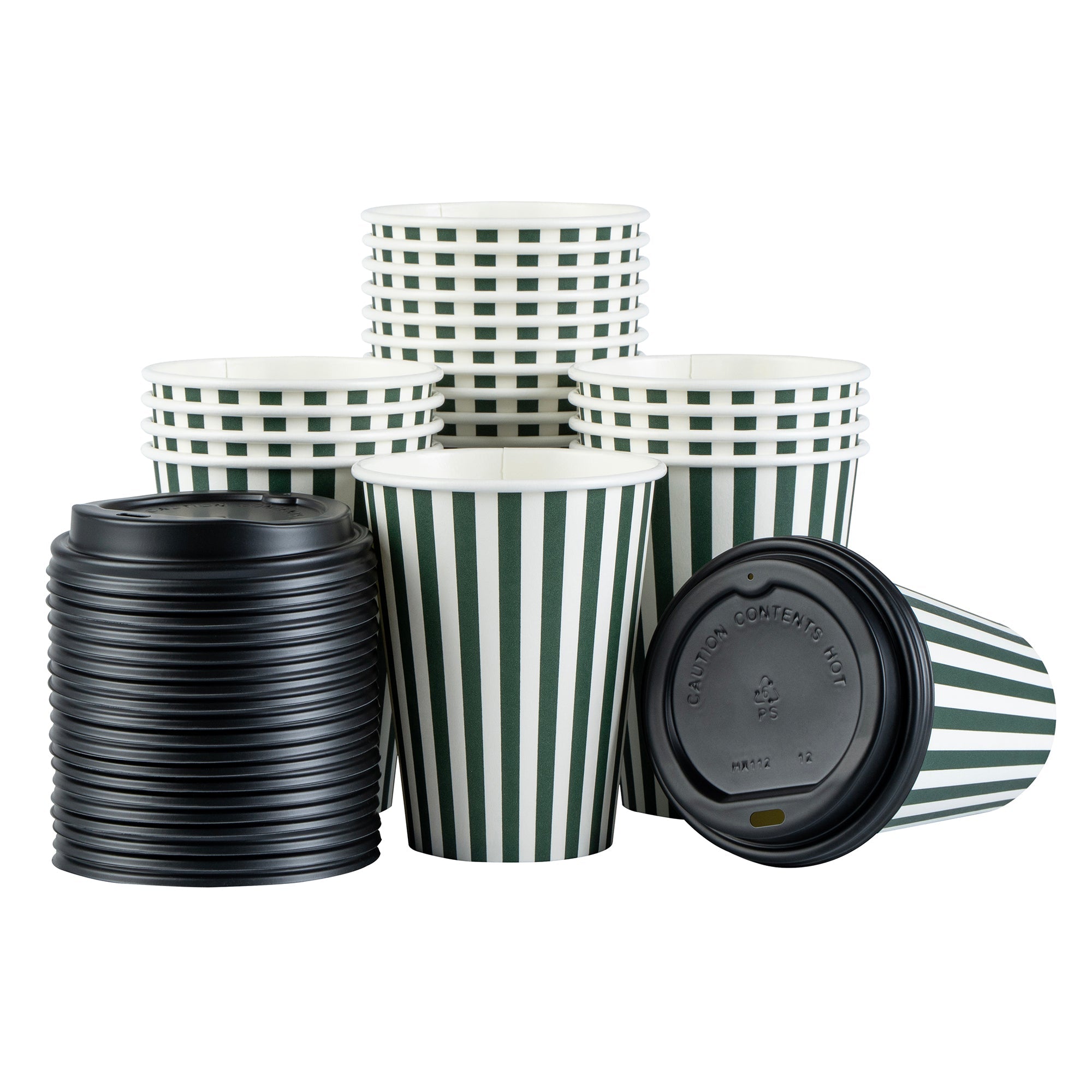 Restpresso 12 oz Forest Green and White Stripe Paper Single Wall Coffee Cup - with Black Lid - 3 1/2"x 3 1/2"x 4 1/4" - 20 count box