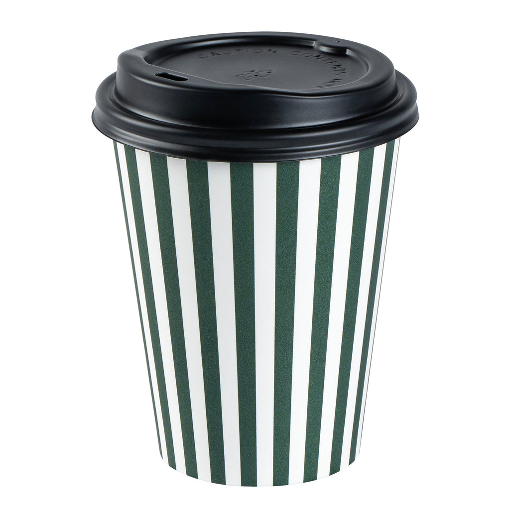 Restpresso 12 oz Forest Green and White Stripe Paper Single Wall Coffee Cup - with Black Lid - 3 1/2"x 3 1/2"x 4 1/4" - 20 count box