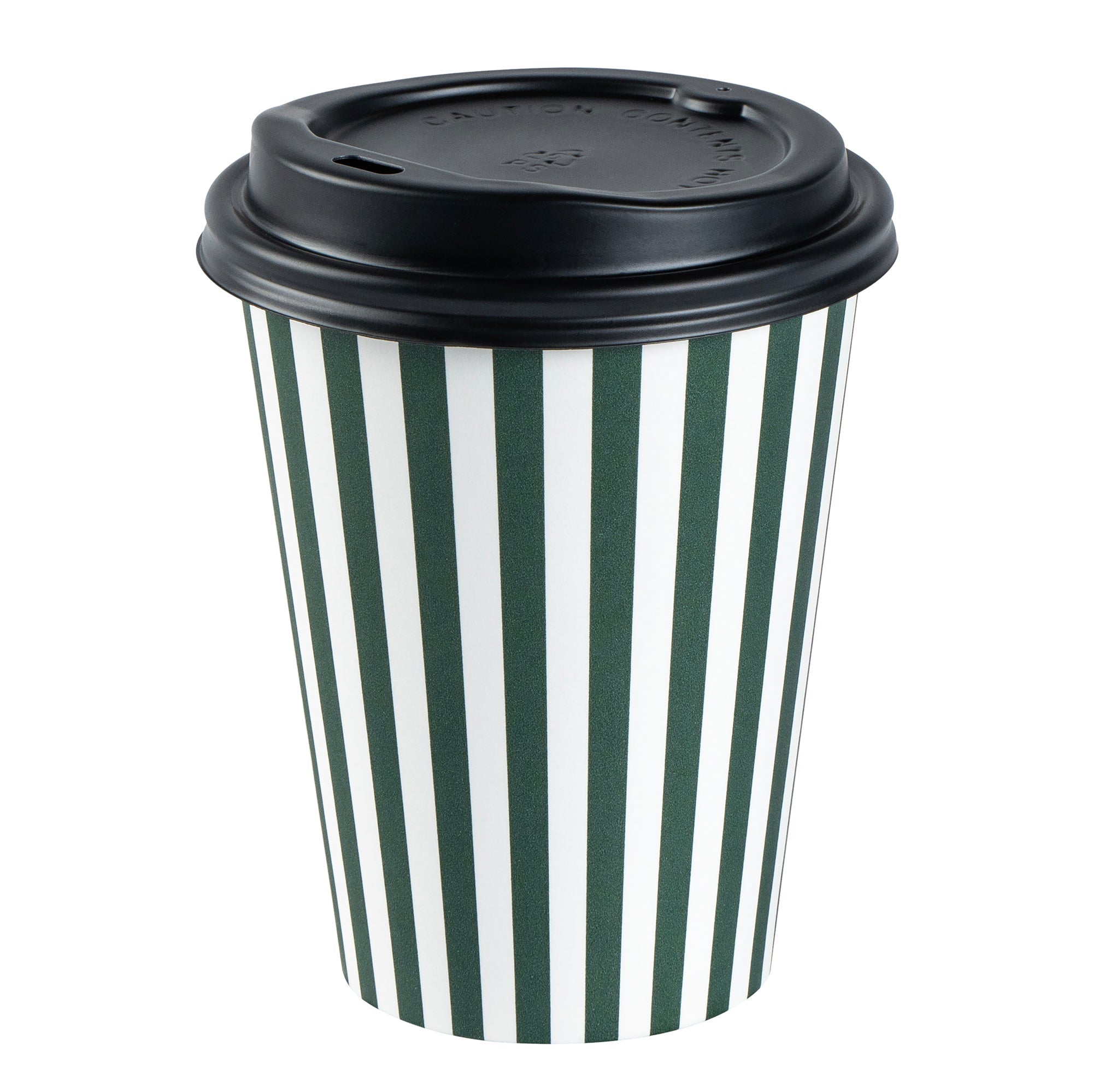 Restpresso 12 oz Forest Green and White Stripe Paper Single Wall Coffee Cup - with Black Lid - 3 1/2"x 3 1/2"x 4 1/4" - 20 count box