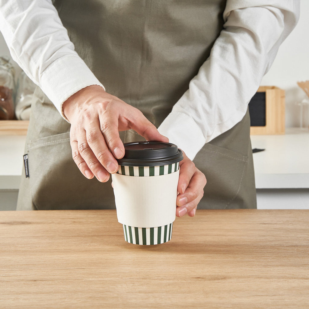 Restpresso 12 oz Forest Green and White Stripe Paper Single Wall Coffee Cup - with Black Lid - 3 1/2"x 3 1/2"x 4 1/4" - 20 count box