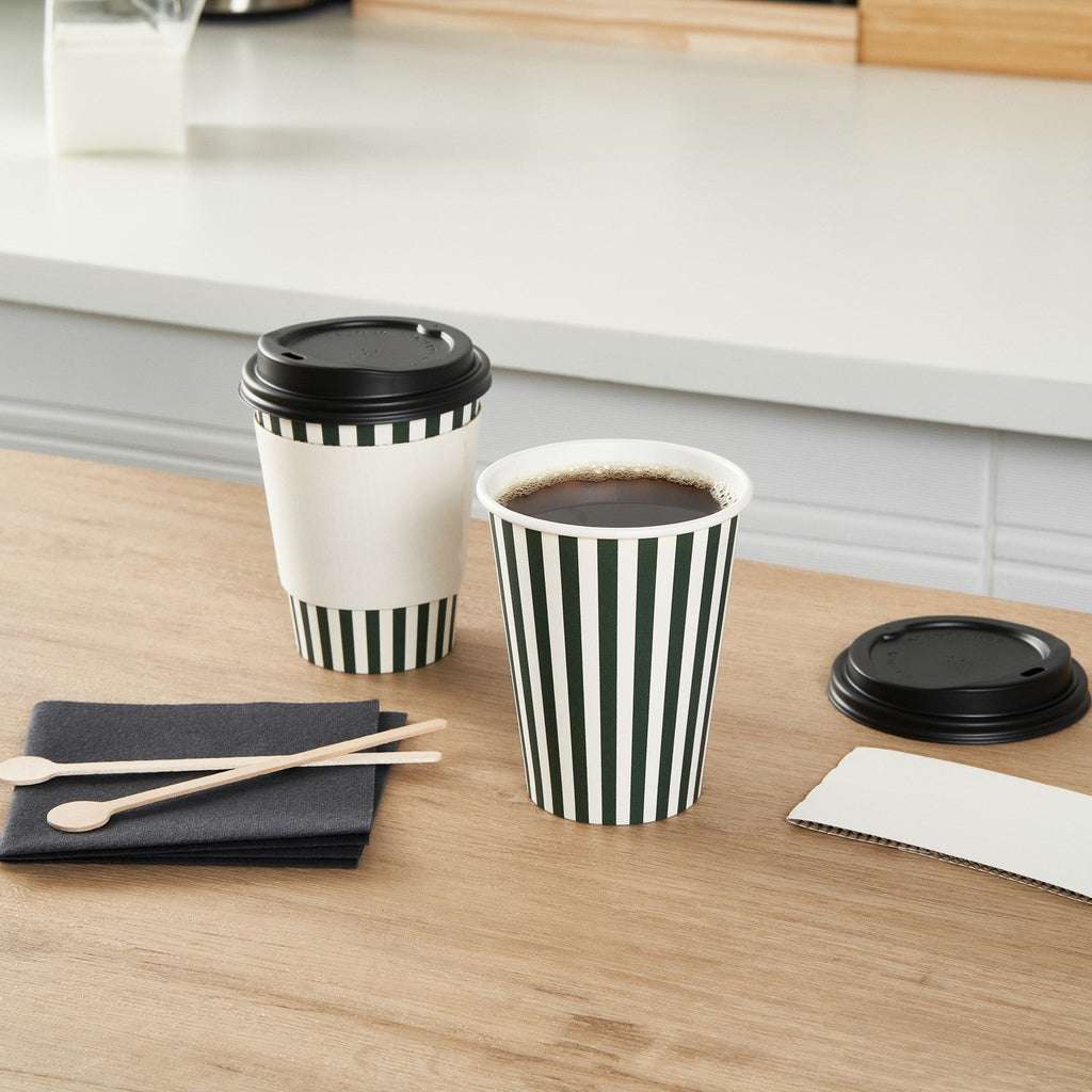 Restpresso 12 oz Forest Green and White Stripe Paper Single Wall Coffee Cup - with Black Lid - 3 1/2"x 3 1/2"x 4 1/4" - 20 count box