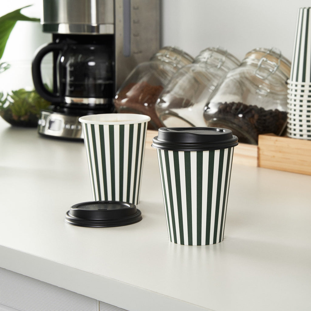 Restpresso 12 oz Forest Green and White Stripe Paper Single Wall Coffee Cup - with Black Lid - 3 1/2"x 3 1/2"x 4 1/4" - 400 count box