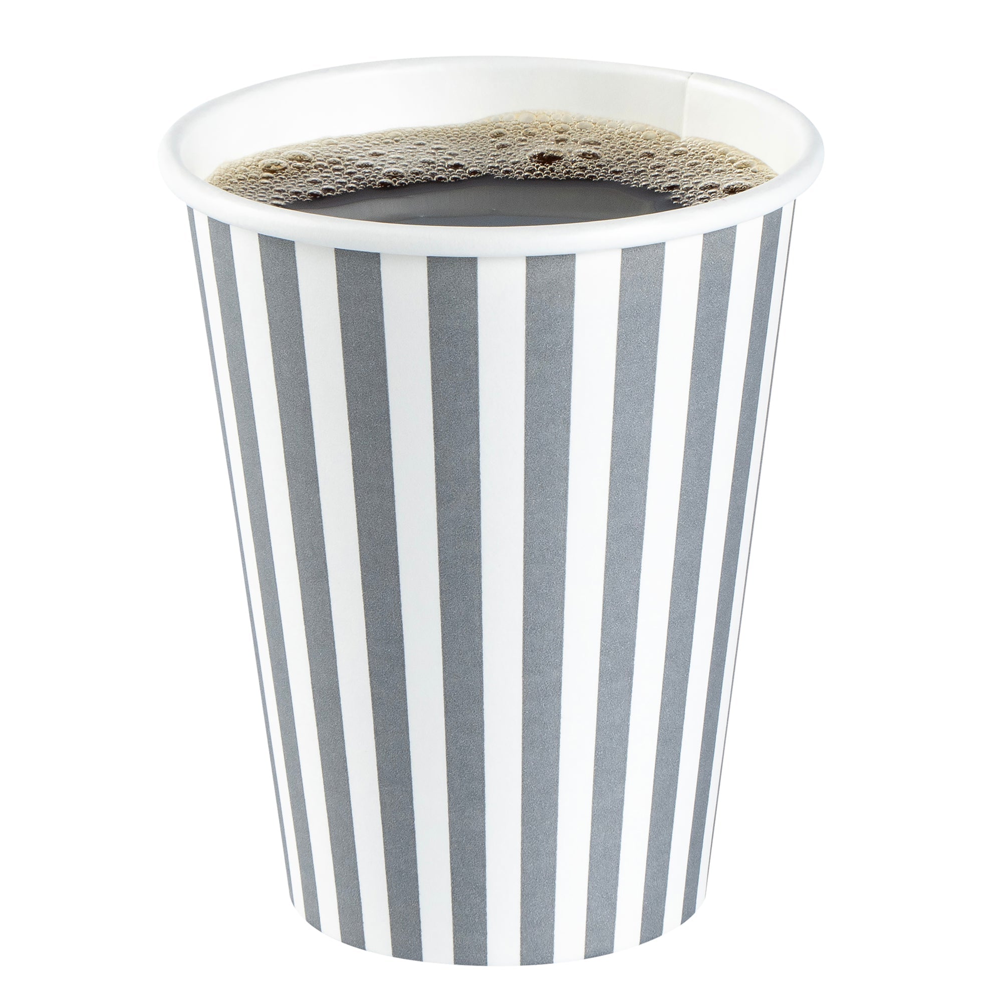 Restpresso 12 oz Gray and White Stripe Paper Single Wall Coffee Cup - with Black Lid - 3 1/2"x 3 1/2"x 4 1/4" - 20 count box