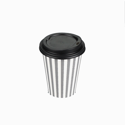 Restpresso 12 oz Gray and White Stripe Paper Single Wall Coffee Cup - with Black Lid - 3 1/2"x 3 1/2"x 4 1/4" - 20 count box