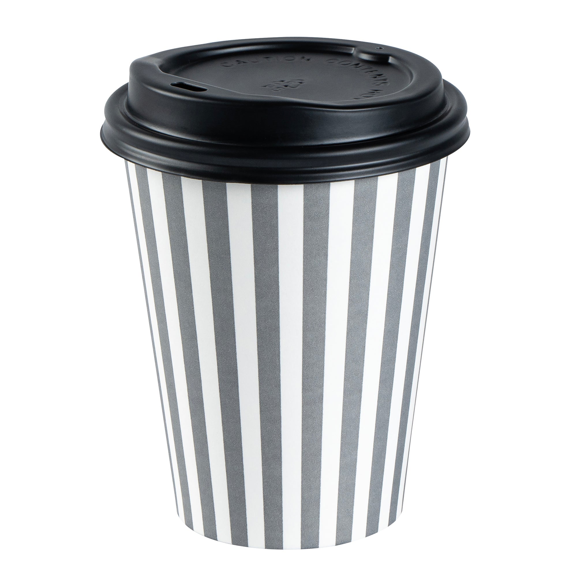 Restpresso 12 oz Gray and White Stripe Paper Single Wall Coffee Cup - with Black Lid - 3 1/2"x 3 1/2"x 4 1/4" - 20 count box