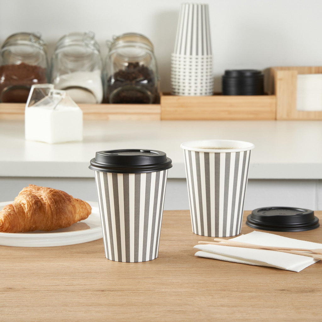 Restpresso 12 oz Gray and White Stripe Paper Single Wall Coffee Cup - with Black Lid - 3 1/2"x 3 1/2"x 4 1/4" - 20 count box