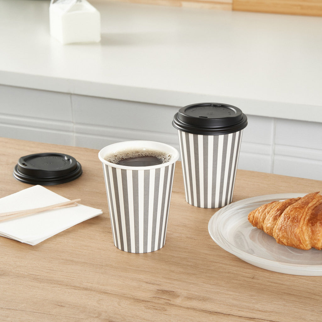 Restpresso 12 oz Gray and White Stripe Paper Single Wall Coffee Cup - with Black Lid - 3 1/2"x 3 1/2"x 4 1/4" - 20 count box