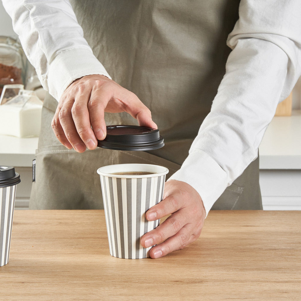 Restpresso 12 oz Gray and White Stripe Paper Single Wall Coffee Cup - with Black Lid - 3 1/2"x 3 1/2"x 4 1/4" - 400 count box