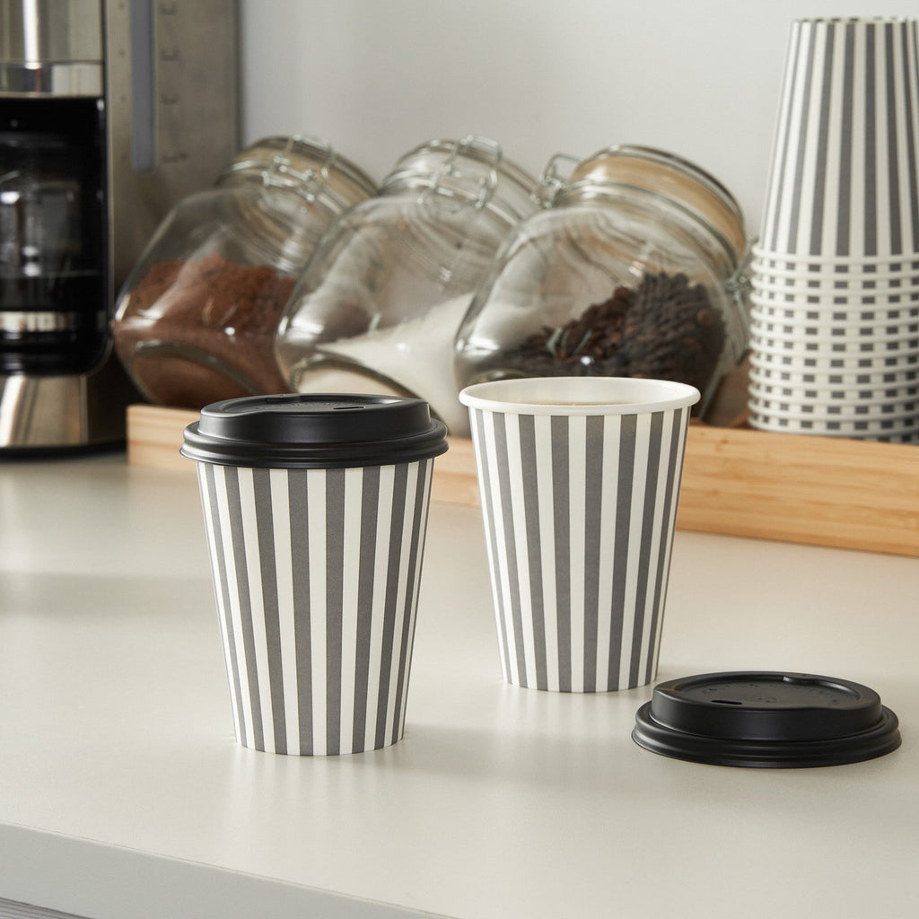 Restpresso 12 oz Gray and White Stripe Paper Single Wall Coffee Cup - with Black Lid - 3 1/2"x 3 1/2"x 4 1/4" - 400 count box