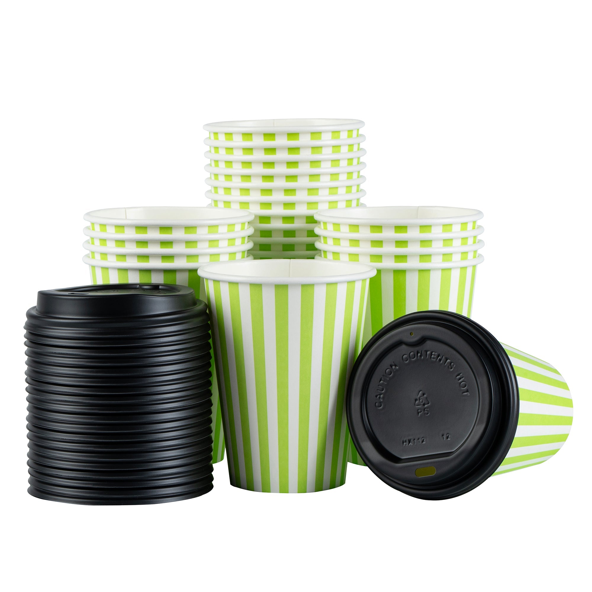 Restpresso 12 oz Green and White Stripe Paper Single Wall Coffee Cup - with Black Lid - 3 1/2"x 3 1/2"x 4 1/4" - 20 count box