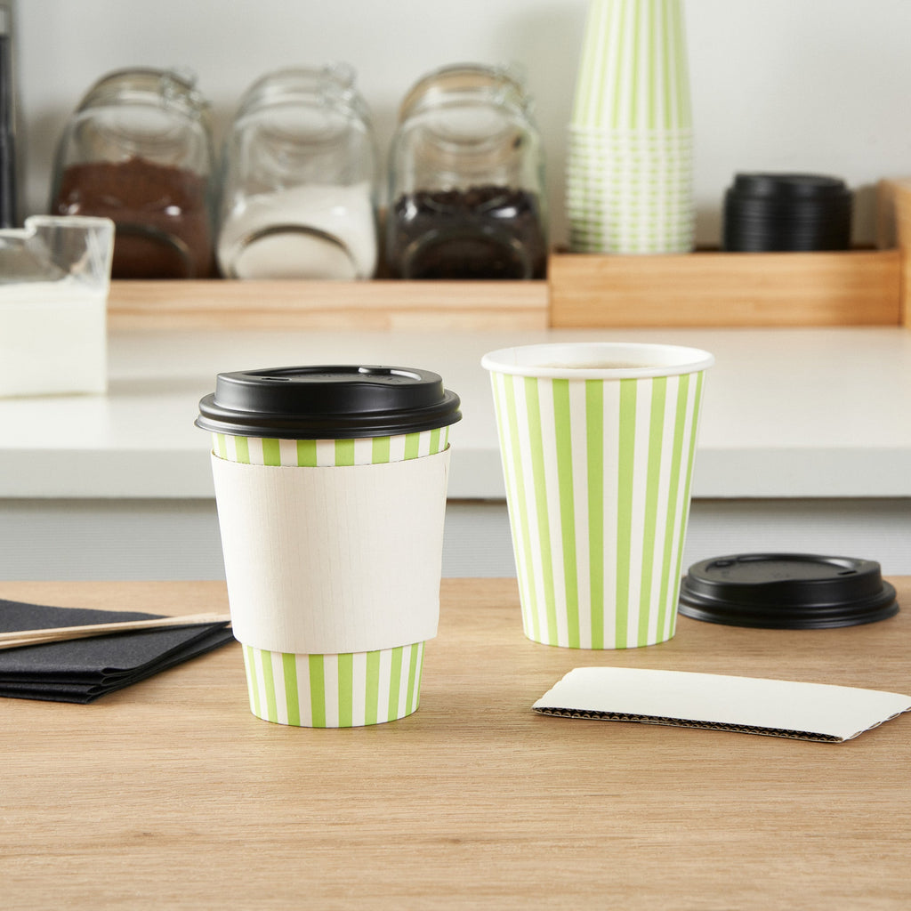 Restpresso 12 oz Green and White Stripe Paper Single Wall Coffee Cup - with Black Lid - 3 1/2"x 3 1/2"x 4 1/4" - 20 count box