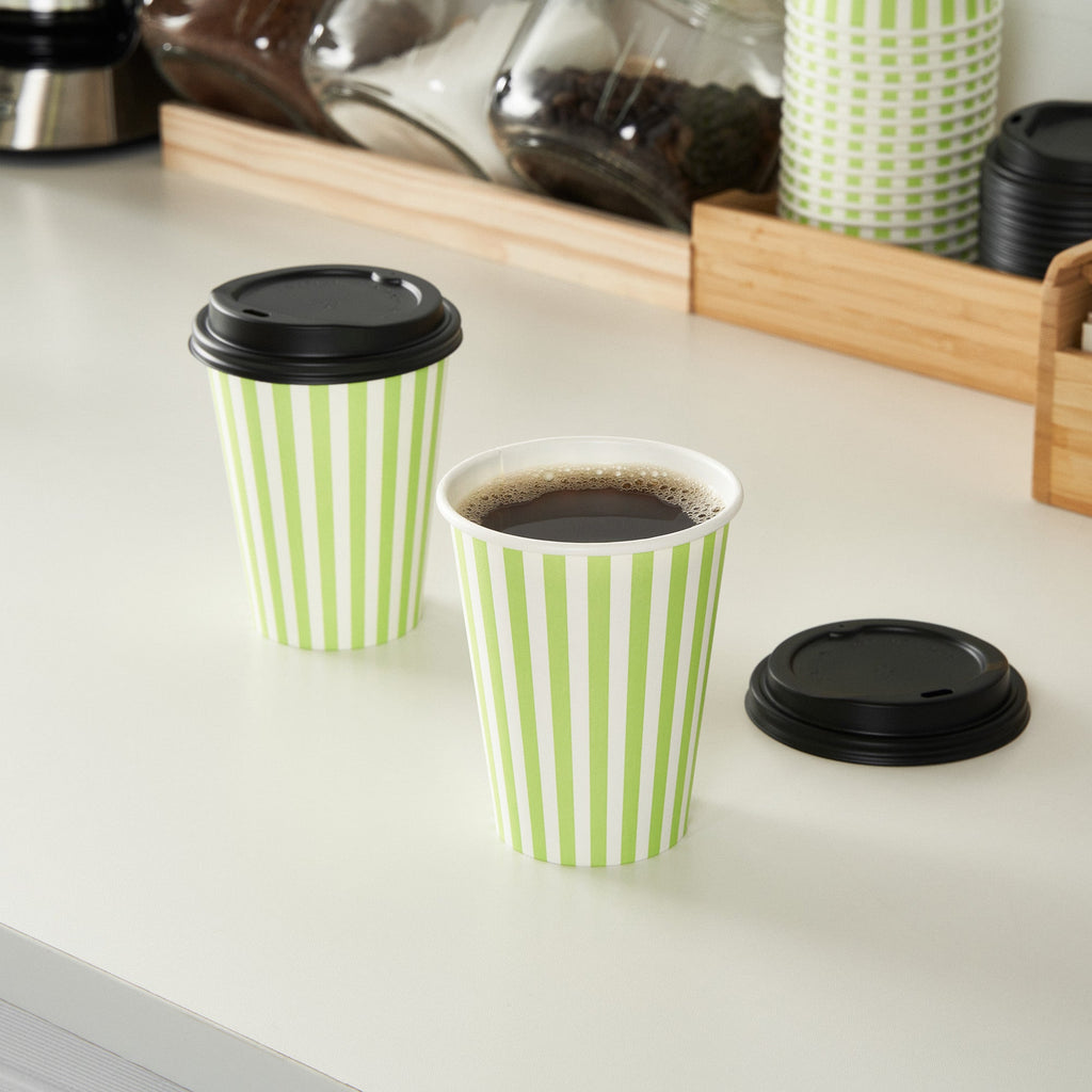 Restpresso 12 oz Green and White Stripe Paper Single Wall Coffee Cup - with Black Lid - 3 1/2"x 3 1/2"x 4 1/4" - 400 count box