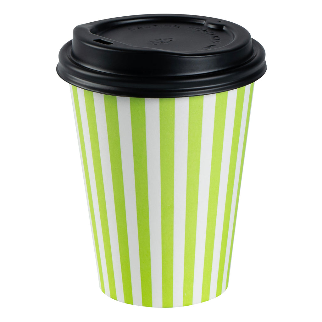 Restpresso 12 oz Green and White Stripe Paper Single Wall Coffee Cup - with Black Lid - 3 1/2"x 3 1/2"x 4 1/4" - 400 count box