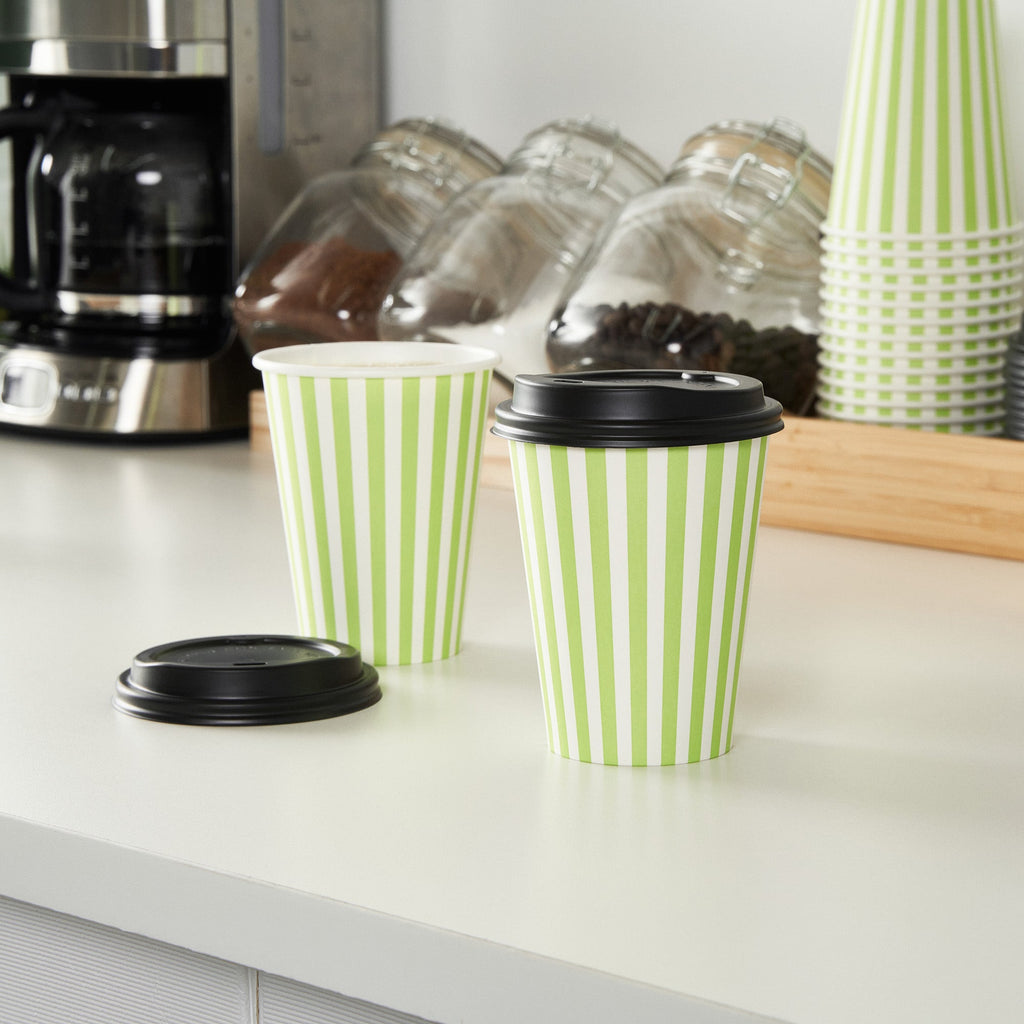 Restpresso 12 oz Green and White Stripe Paper Single Wall Coffee Cup - with Black Lid - 3 1/2"x 3 1/2"x 4 1/4" - 400 count box