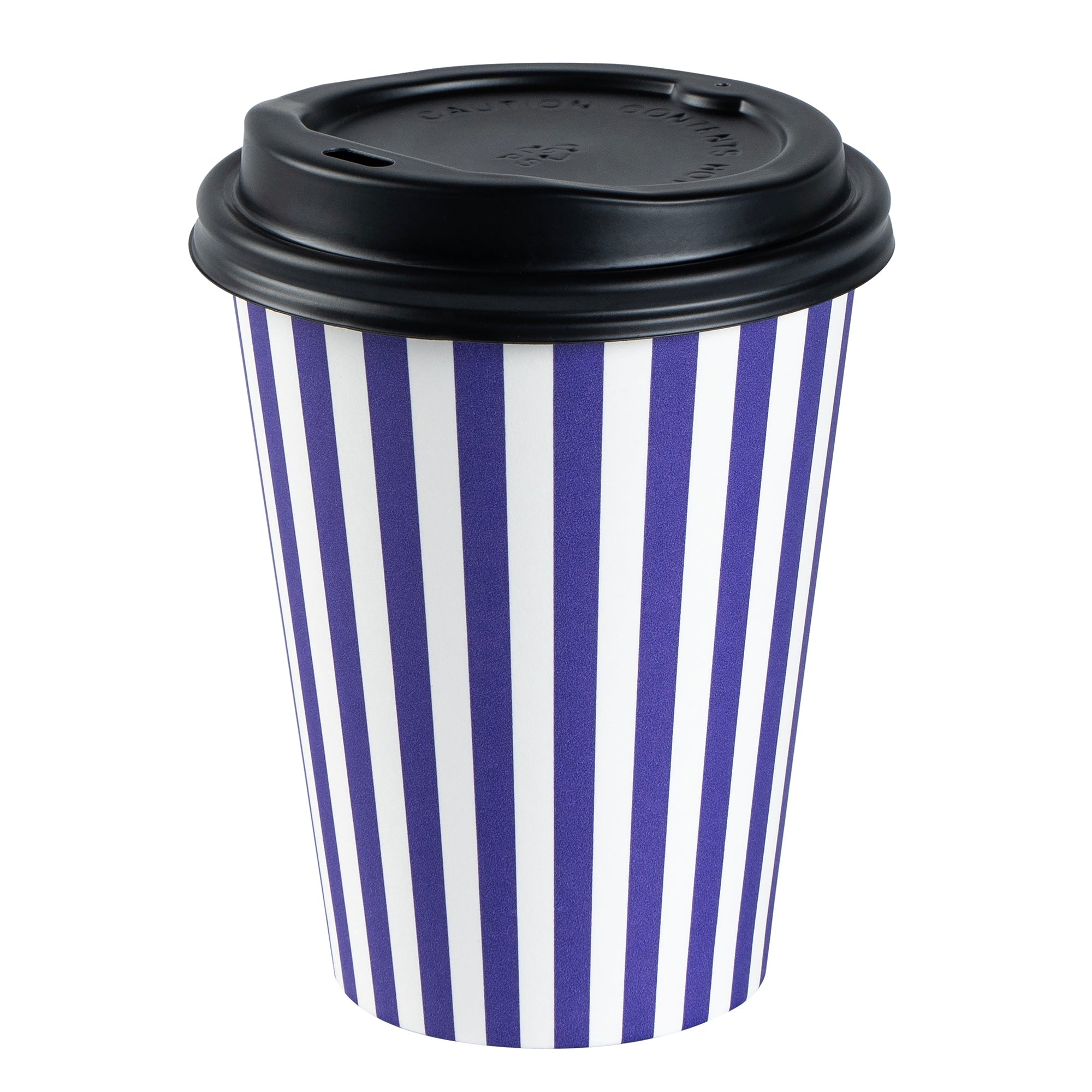 Restpresso 12 oz Purple and White Stripe Paper Single Wall Coffee Cup - with Black Lid - 3 1/2"x 3 1/2"x 4 1/4" - 20 count box