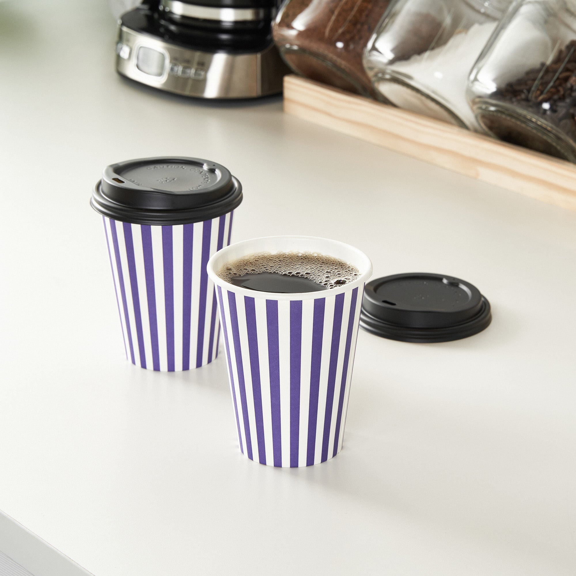 Restpresso 12 oz Purple and White Stripe Paper Single Wall Coffee Cup - with Black Lid - 3 1/2"x 3 1/2"x 4 1/4" - 400 count box