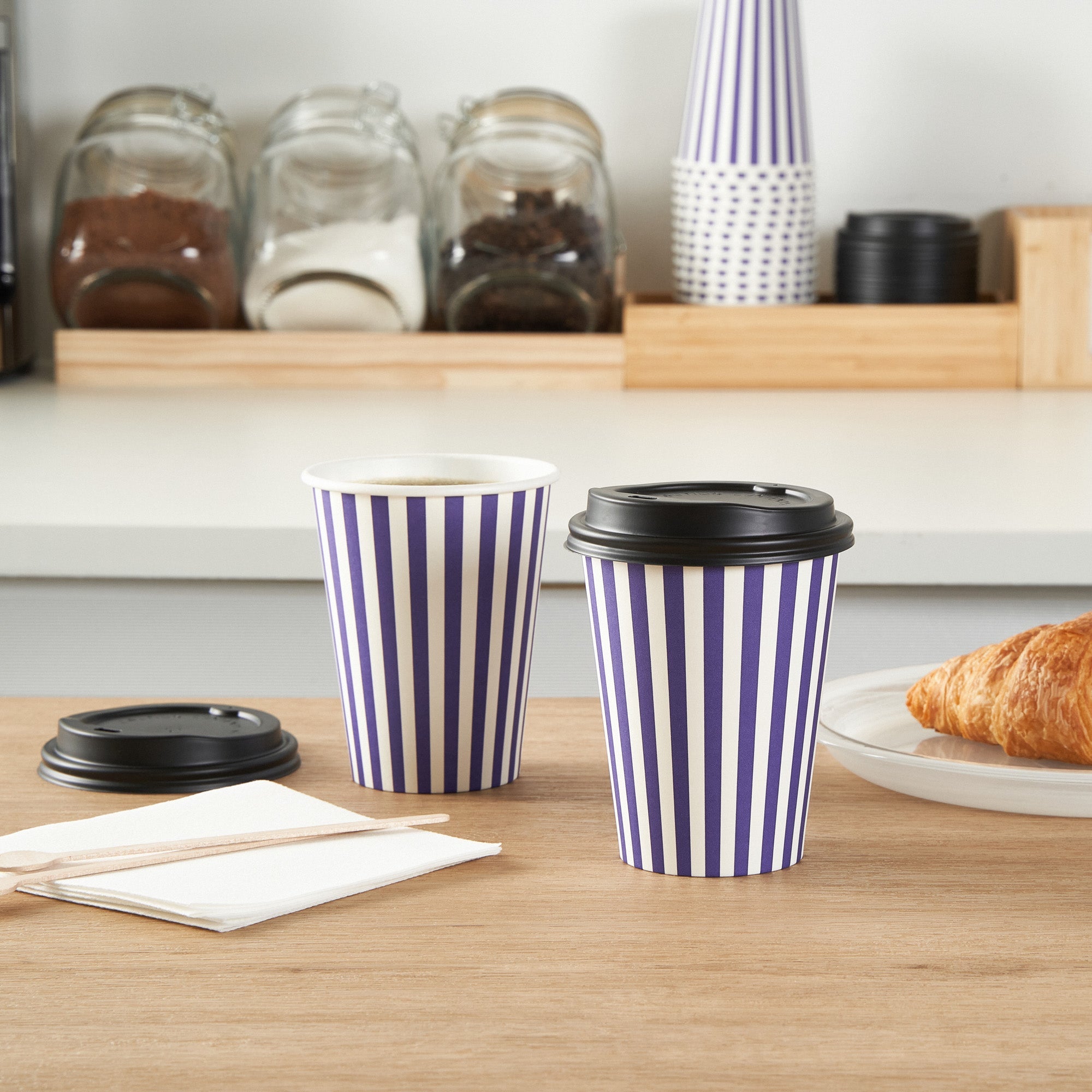 Restpresso 12 oz Purple and White Stripe Paper Single Wall Coffee Cup - with Black Lid - 3 1/2"x 3 1/2"x 4 1/4" - 400 count box