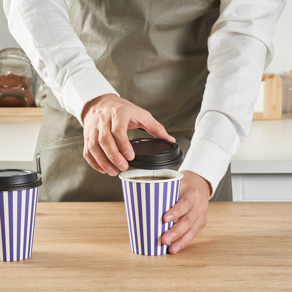 Restpresso 12 oz Purple and White Stripe Paper Single Wall Coffee Cup - with Black Lid - 3 1/2"x 3 1/2"x 4 1/4" - 400 count box