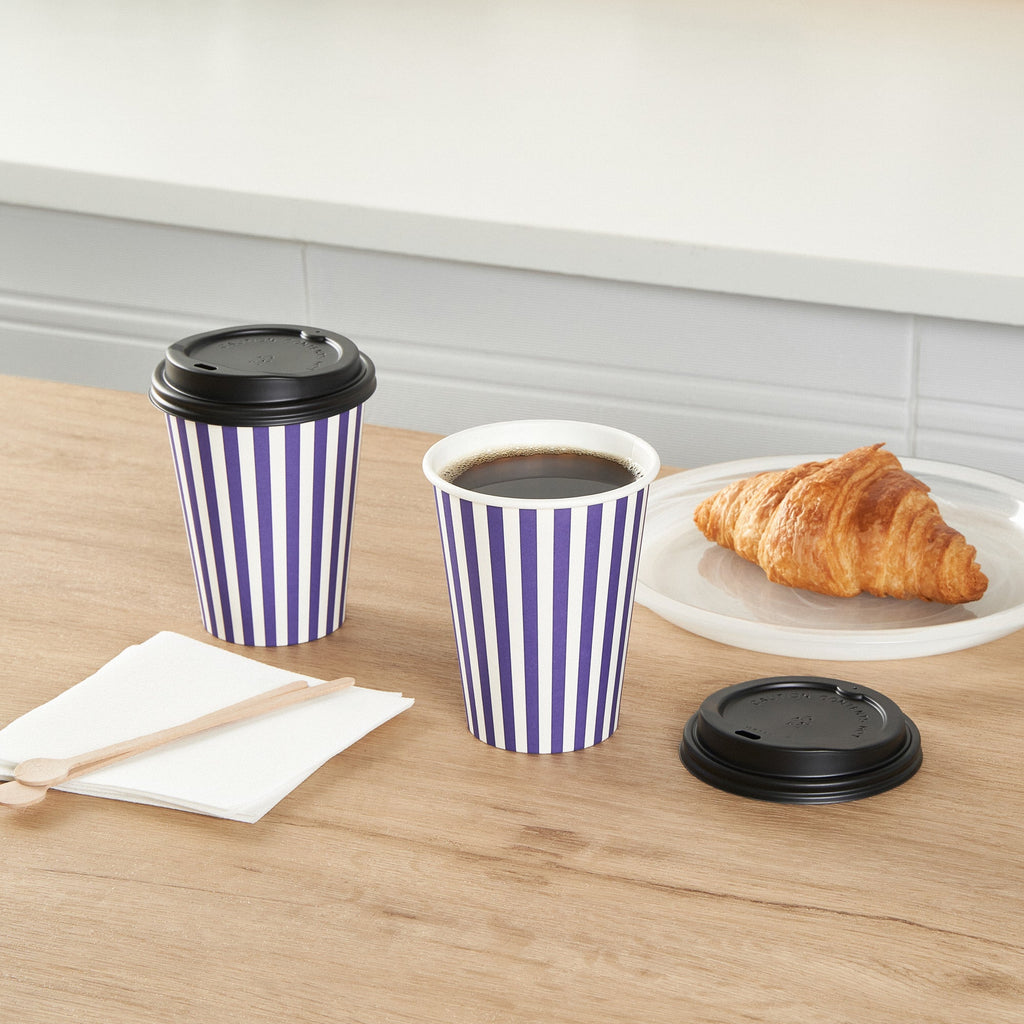 Restpresso 12 oz Purple and White Stripe Paper Single Wall Coffee Cup - with Black Lid - 3 1/2"x 3 1/2"x 4 1/4" - 400 count box