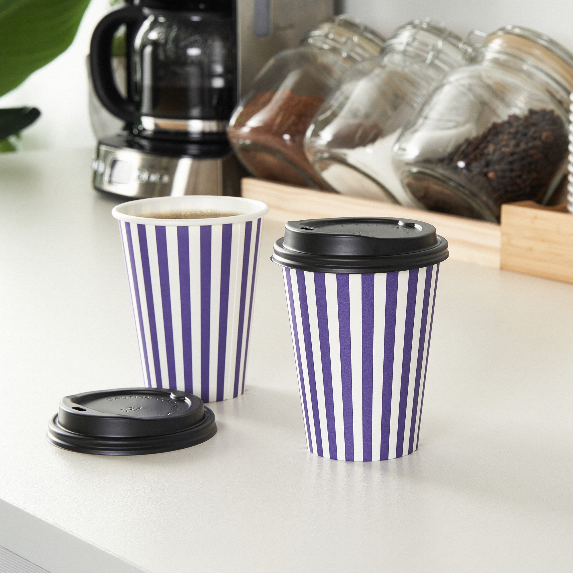 Restpresso 12 oz Purple and White Stripe Paper Single Wall Coffee Cup - with Black Lid - 3 1/2"x 3 1/2"x 4 1/4" - 400 count box