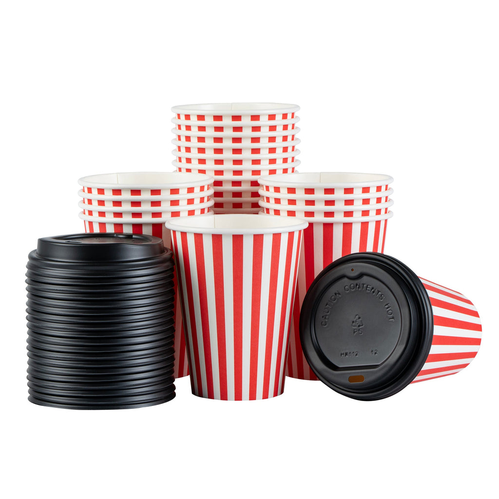 Restpresso 12 oz Red and White Stripe Paper Single Wall Coffee Cup - with Black Lid - 3 1/2"x 3 1/2"x 4 1/4" - 20 count box