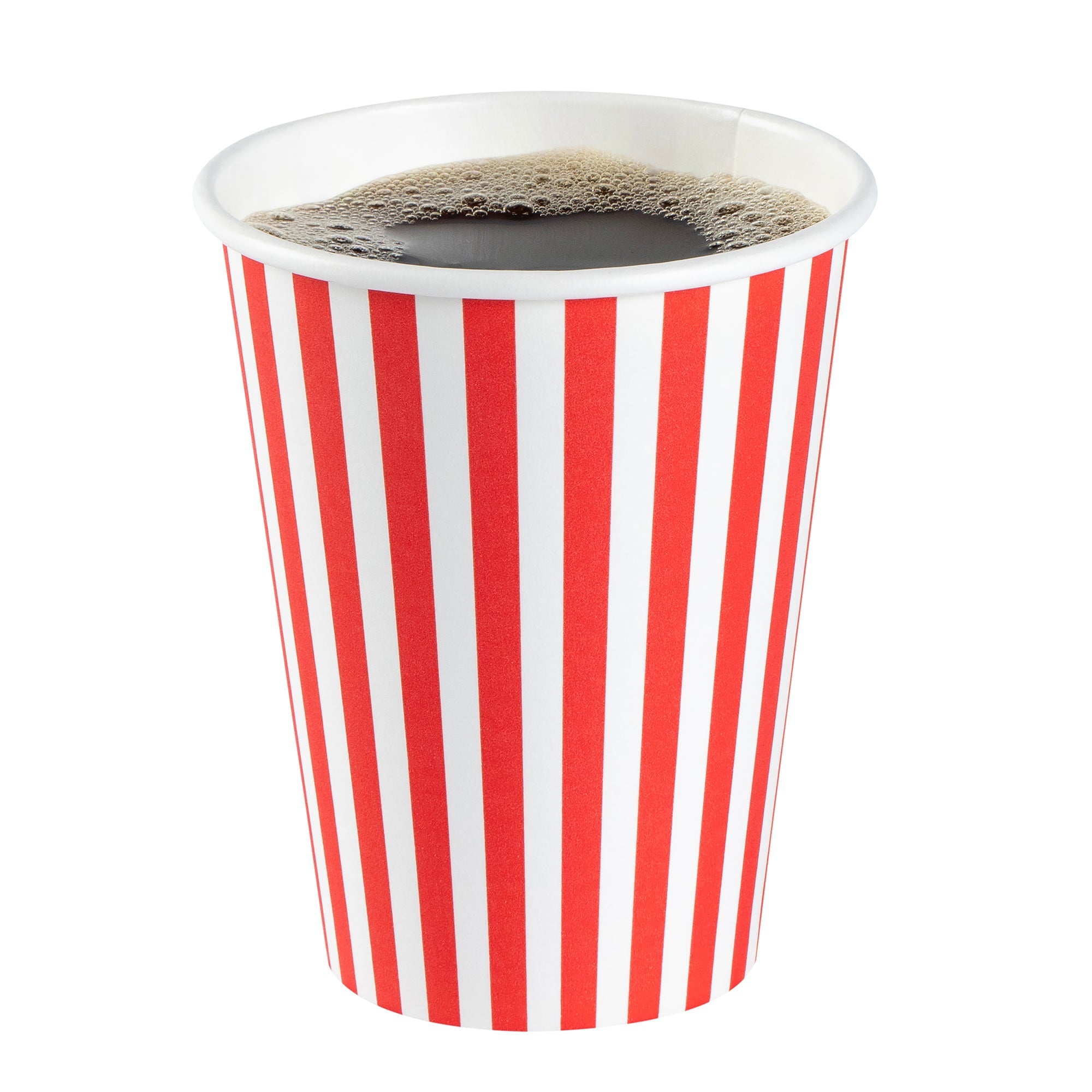 Restpresso 12 oz Red and White Stripe Paper Single Wall Coffee Cup - with Black Lid - 3 1/2"x 3 1/2"x 4 1/4" - 20 count box