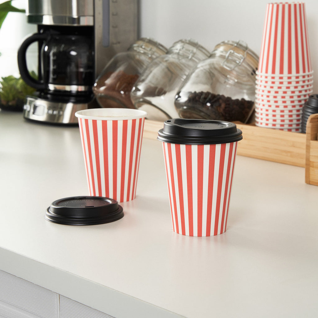 Restpresso 12 oz Red and White Stripe Paper Single Wall Coffee Cup - with Black Lid - 3 1/2"x 3 1/2"x 4 1/4" - 20 count box