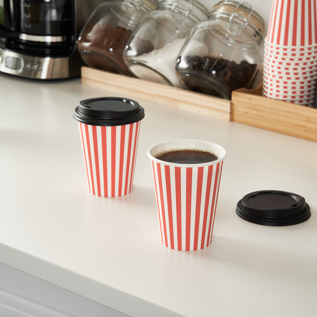 Restpresso 12 oz Red and White Stripe Paper Single Wall Coffee Cup - with Black Lid - 3 1/2"x 3 1/2"x 4 1/4" - 400 count box