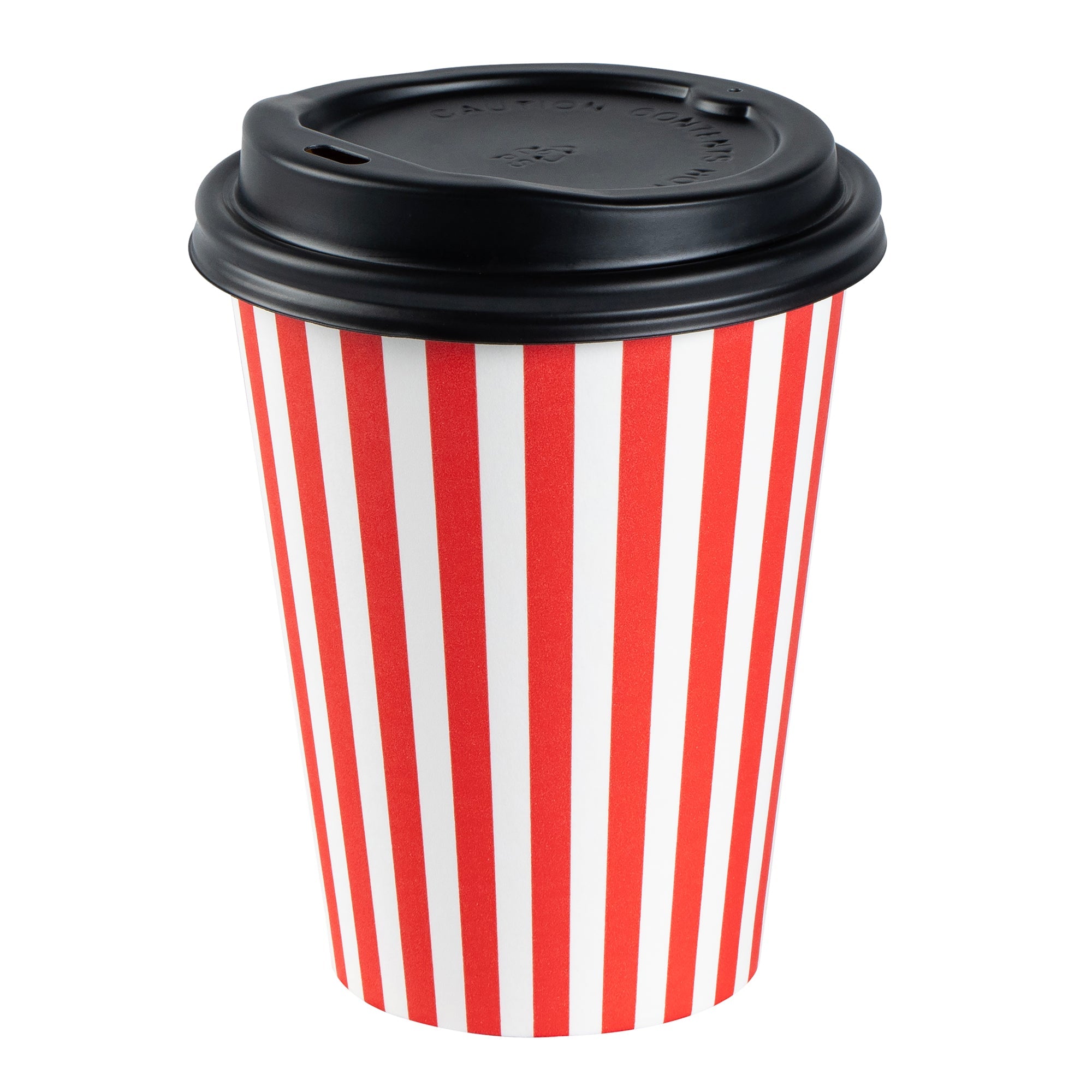 Restpresso 12 oz Red and White Stripe Paper Single Wall Coffee Cup - with Black Lid - 3 1/2"x 3 1/2"x 4 1/4" - 400 count box