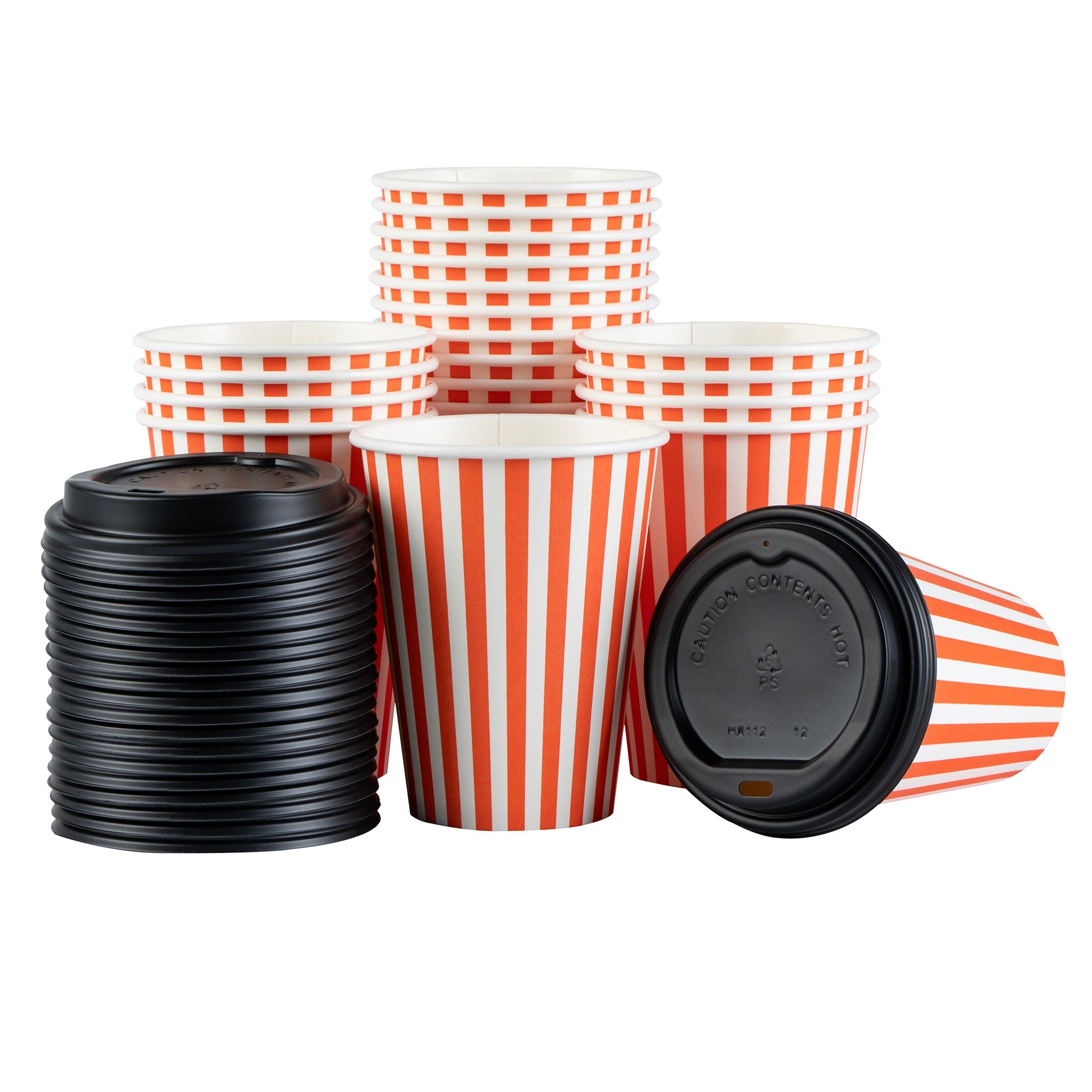 Restpresso 12 oz Orange and White Stripe Paper Single Wall Coffee Cup - with Black Lid - 3 1/2"x 3 1/2"x 4 1/4" - 20 count box