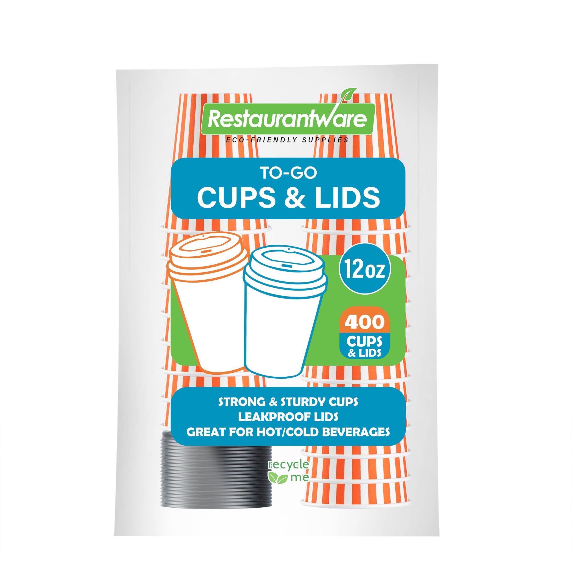 Restpresso 12 oz Orange and White Stripe Paper Single Wall Coffee Cup - with Black Lid - 3 1/2"x 3 1/2"x 4 1/4" - 20 count box