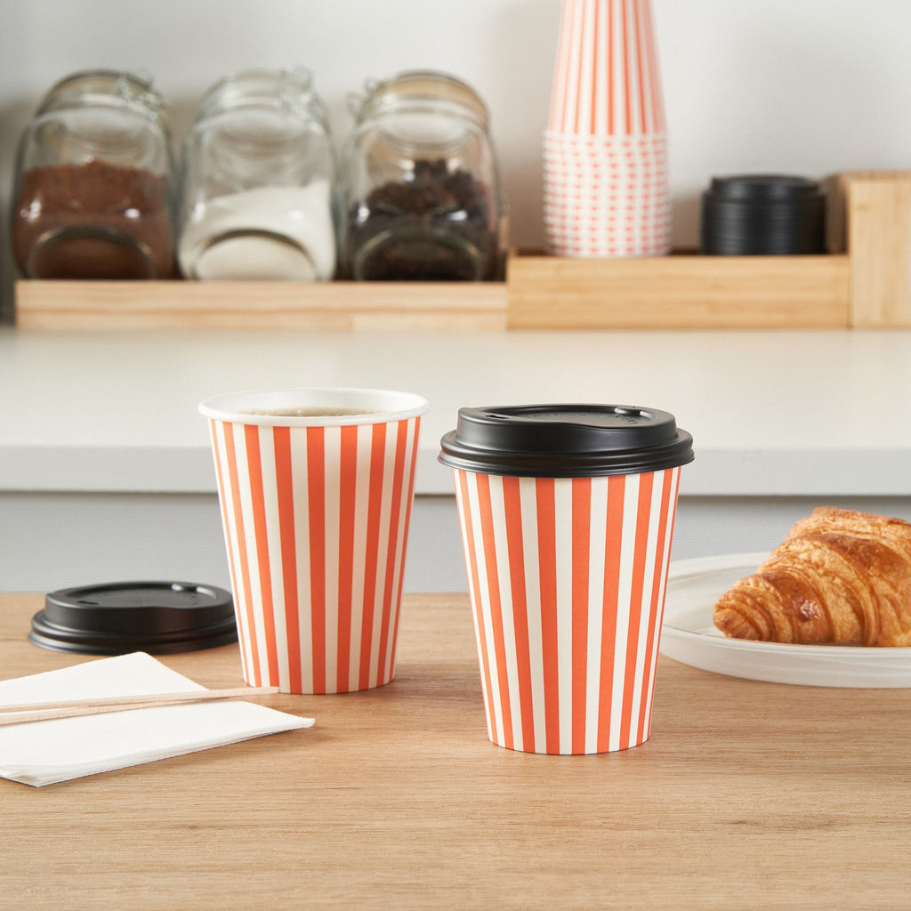 Restpresso 12 oz Orange and White Stripe Paper Single Wall Coffee Cup - with Black Lid - 3 1/2"x 3 1/2"x 4 1/4" - 20 count box