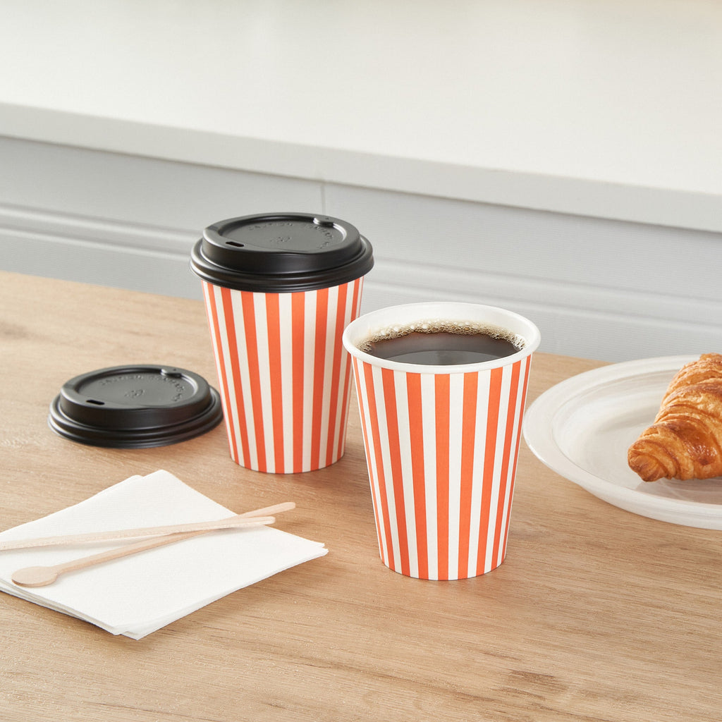 Restpresso 12 oz Orange and White Stripe Paper Single Wall Coffee Cup - with Black Lid - 3 1/2"x 3 1/2"x 4 1/4" - 20 count box