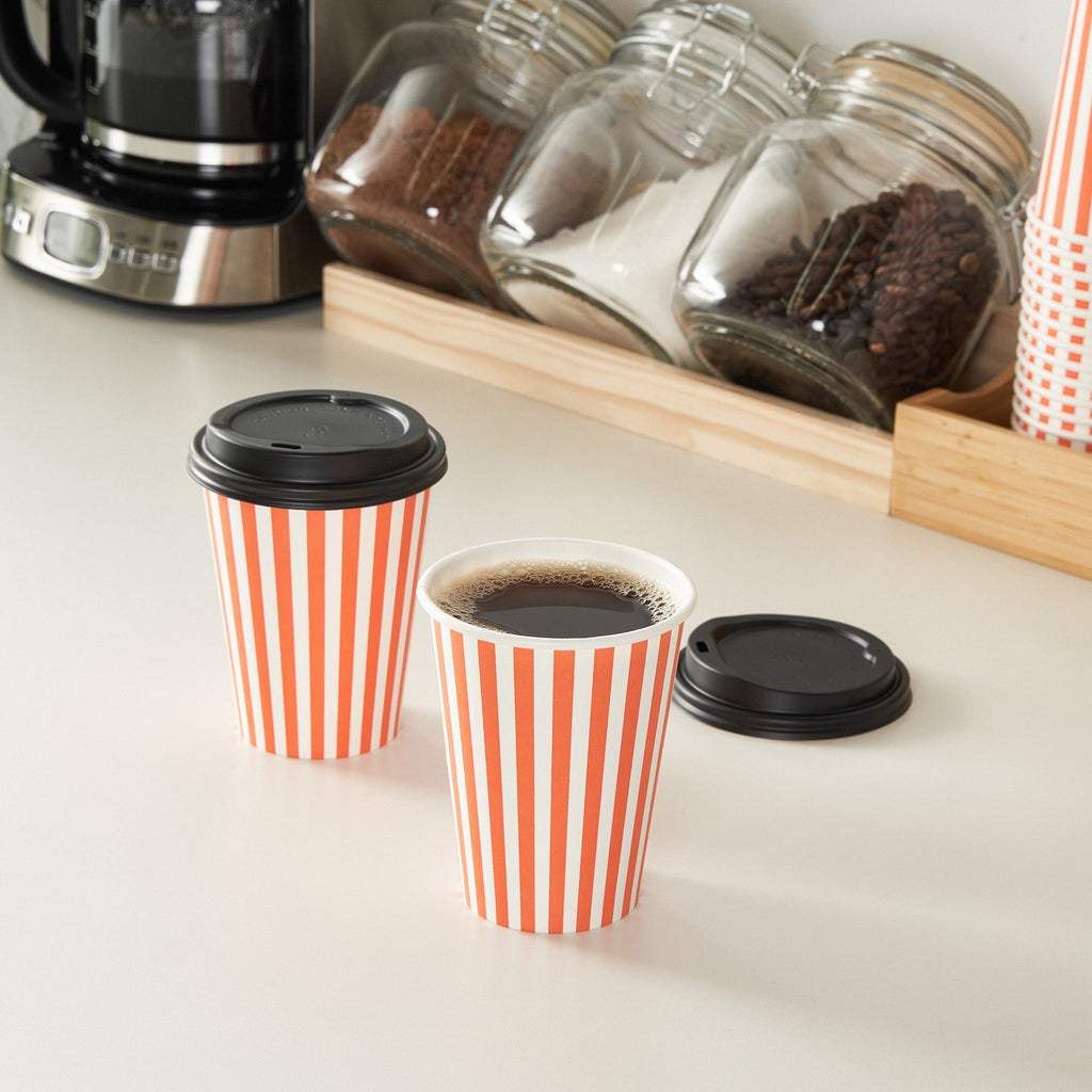 Restpresso 12 oz Orange and White Stripe Paper Single Wall Coffee Cup - with Black Lid - 3 1/2"x 3 1/2"x 4 1/4" - 400 count box
