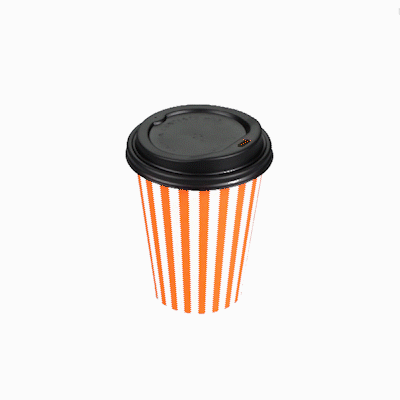 Restpresso 12 oz Orange and White Stripe Paper Single Wall Coffee Cup - with Black Lid - 3 1/2"x 3 1/2"x 4 1/4" - 400 count box