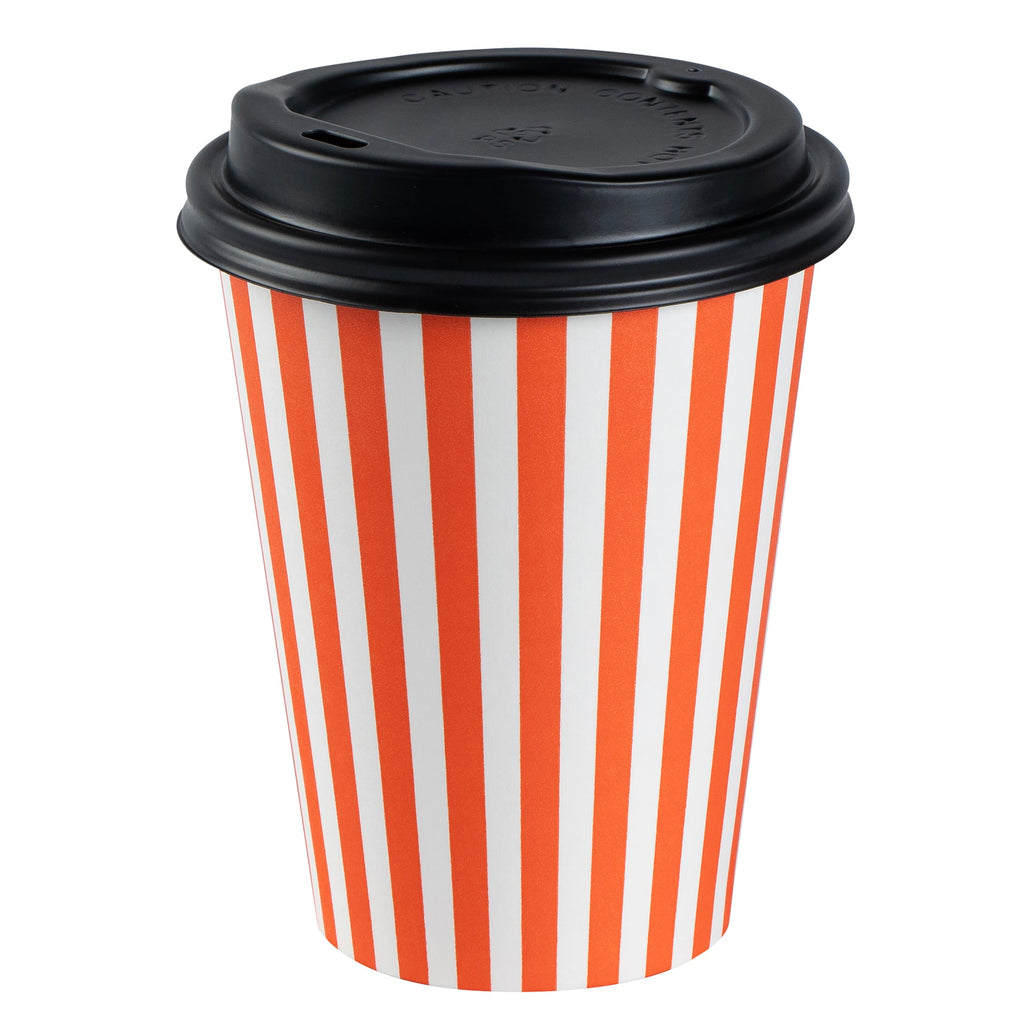 Restpresso 12 oz Orange and White Stripe Paper Single Wall Coffee Cup - with Black Lid - 3 1/2"x 3 1/2"x 4 1/4" - 400 count box