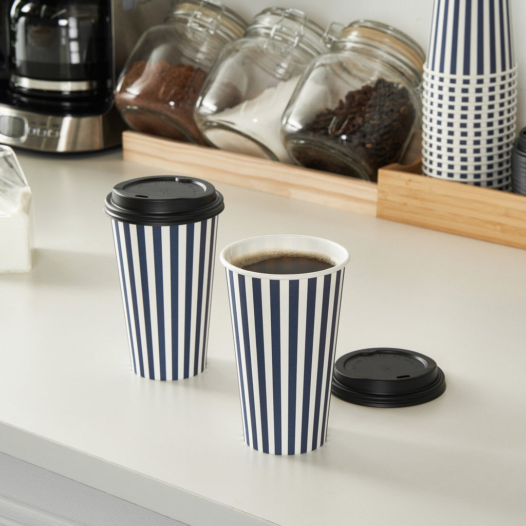 Restpresso 16 oz Blue and White Stripe Paper Single Wall Coffee Cup - with Black Lid - 3 1/2"x 3 1/2"x 5 1/2" - 400 count box