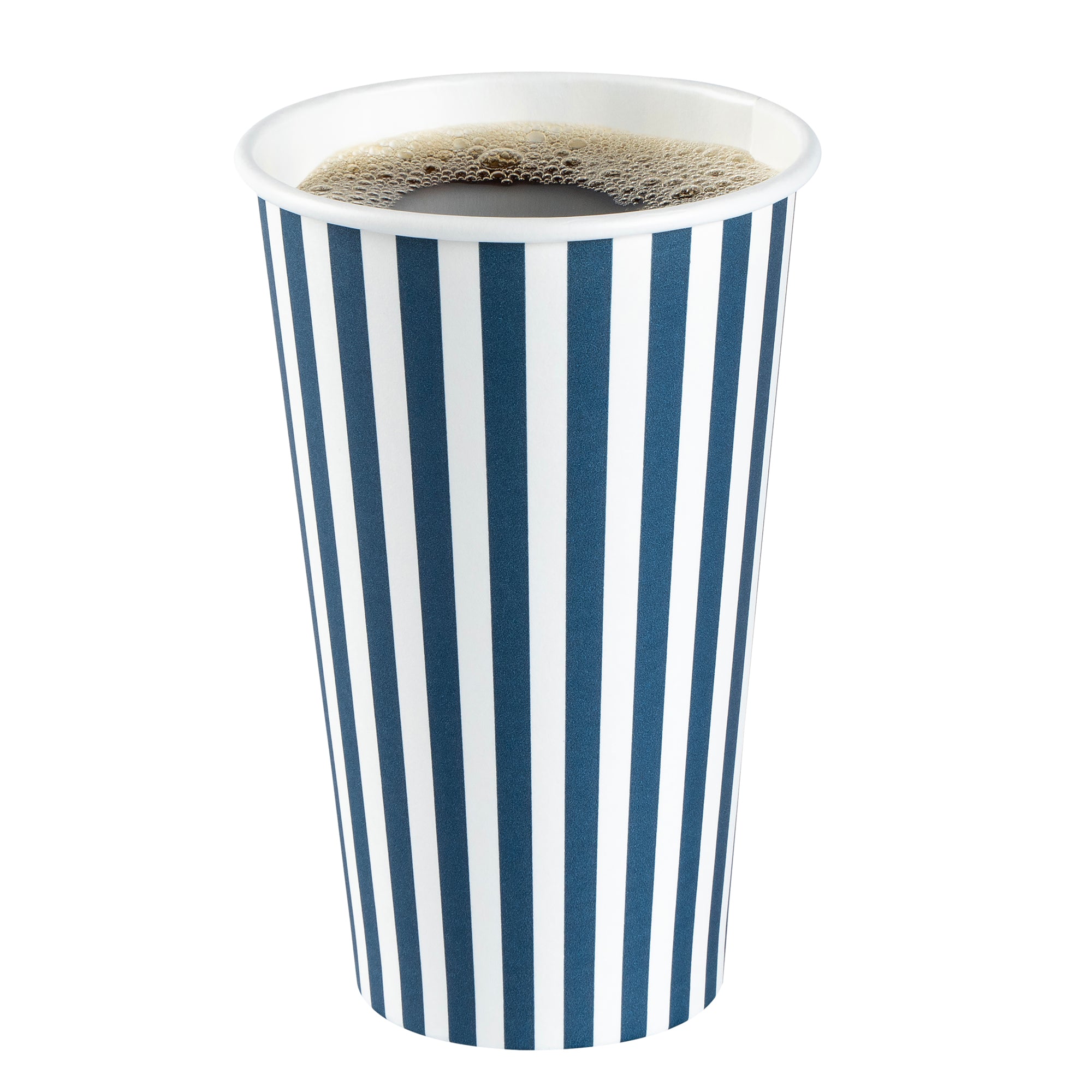 Restpresso 16 oz Blue and White Stripe Paper Single Wall Coffee Cup - with Black Lid - 3 1/2"x 3 1/2"x 5 1/2" - 400 count box