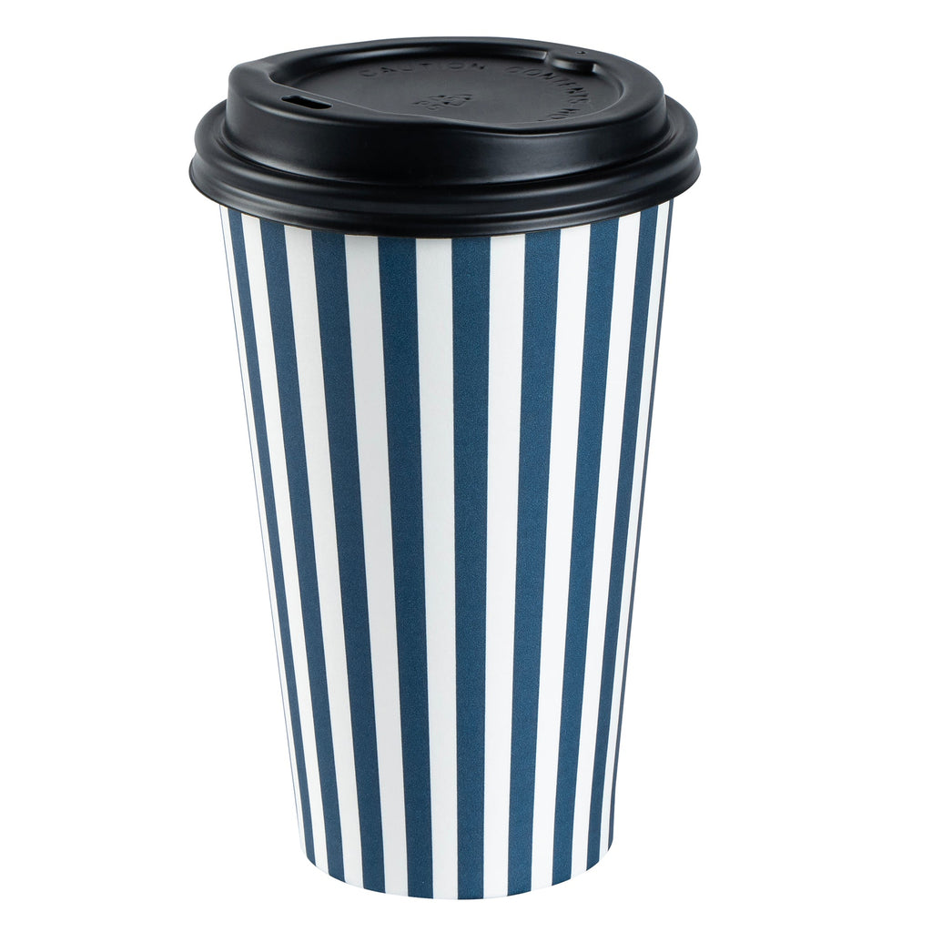 Restpresso 16 oz Blue and White Stripe Paper Single Wall Coffee Cup - with Black Lid - 3 1/2"x 3 1/2"x 5 1/2" - 400 count box
