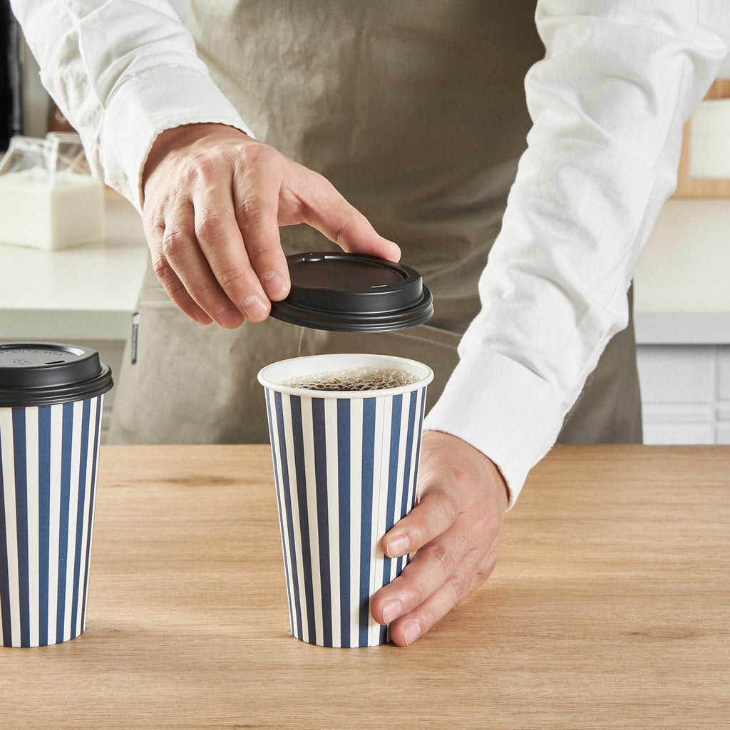 Restpresso 16 oz Blue and White Stripe Paper Single Wall Coffee Cup - with Black Lid - 3 1/2"x 3 1/2"x 5 1/2" - 400 count box