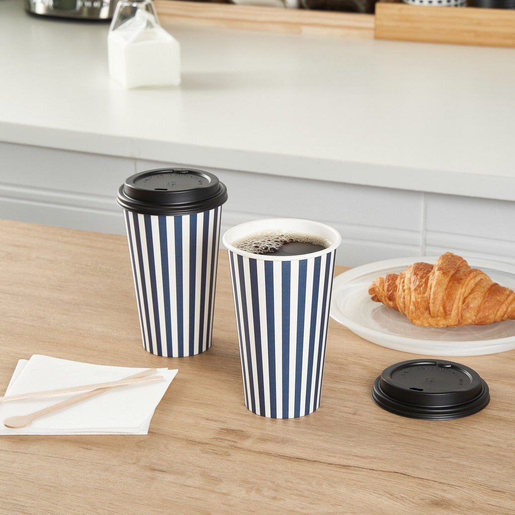 Restpresso 16 oz Blue and White Stripe Paper Single Wall Coffee Cup - with Black Lid - 3 1/2"x 3 1/2"x 5 1/2" - 400 count box