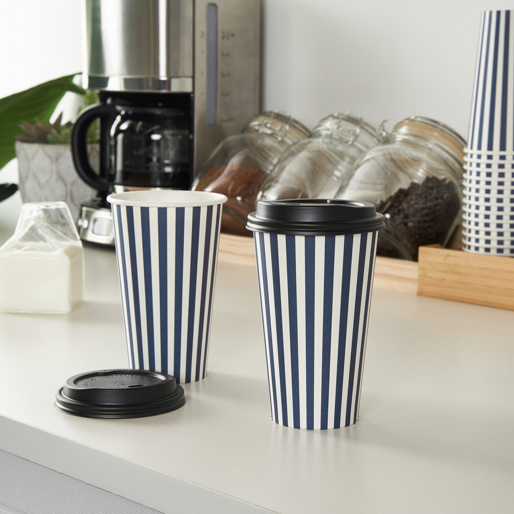 Restpresso 16 oz Blue and White Stripe Paper Single Wall Coffee Cup - with Black Lid - 3 1/2"x 3 1/2"x 5 1/2" - 400 count box