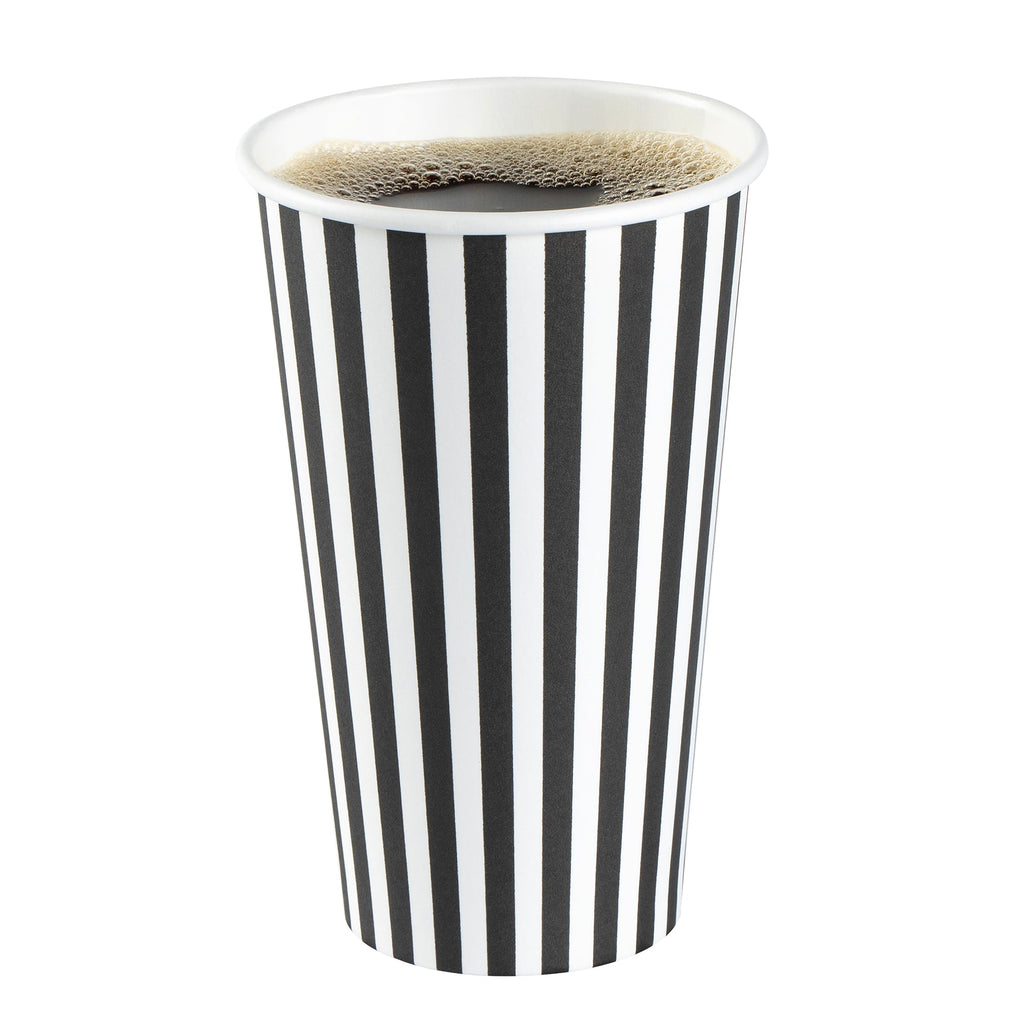 Restpresso 16 oz Black and White Stripe Paper Single Wall Coffee Cup - with Black Lid - 3 1/2"x 3 1/2"x 5 1/2" - 20 count box