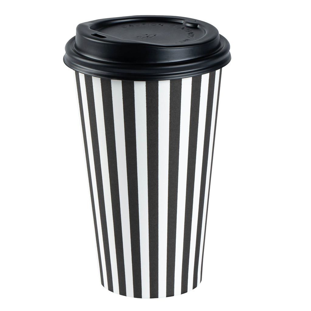 Restpresso 16 oz Black and White Stripe Paper Single Wall Coffee Cup - with Black Lid - 3 1/2"x 3 1/2"x 5 1/2" - 20 count box