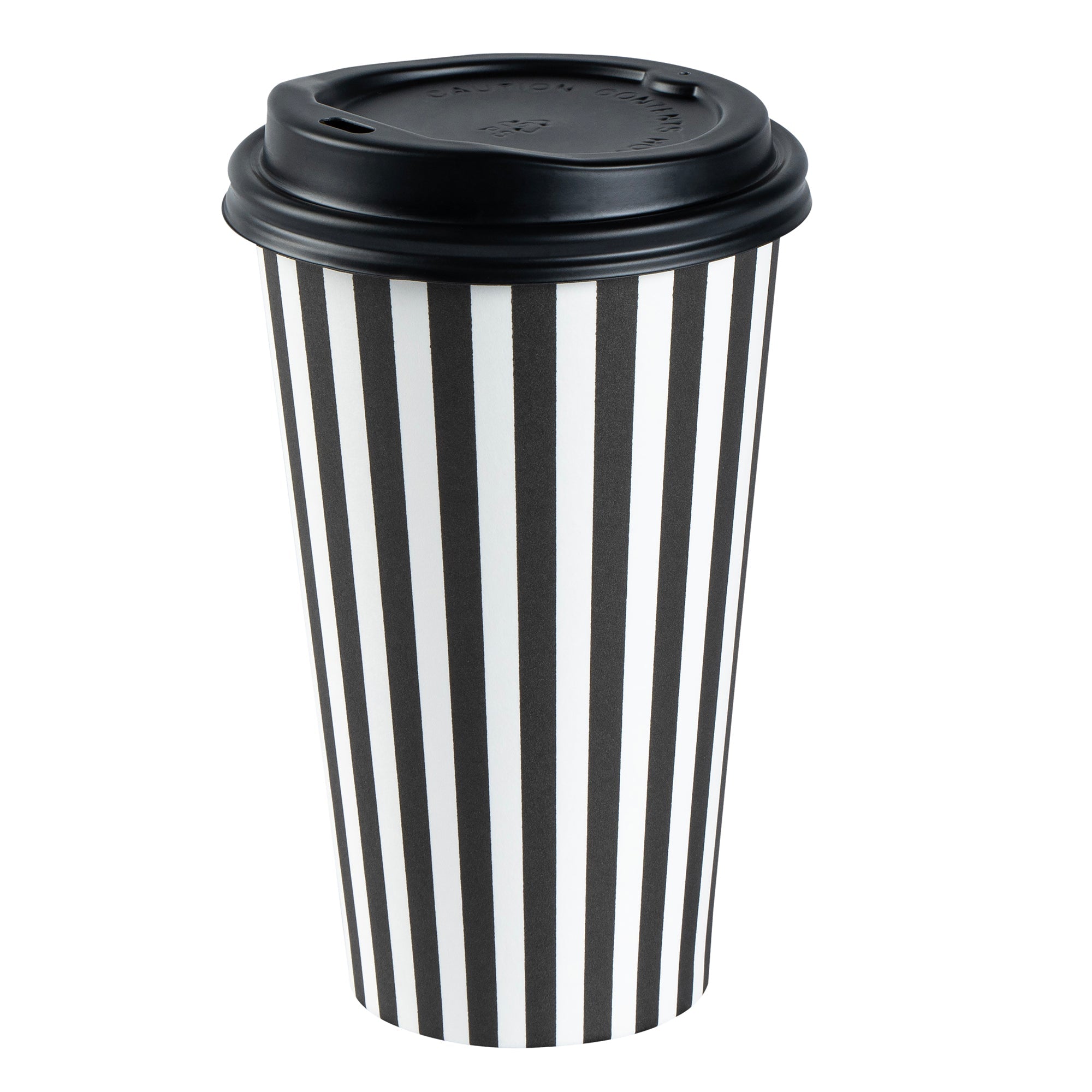 Restpresso 16 oz Black and White Stripe Paper Single Wall Coffee Cup - with Black Lid - 3 1/2"x 3 1/2"x 5 1/2" - 20 count box